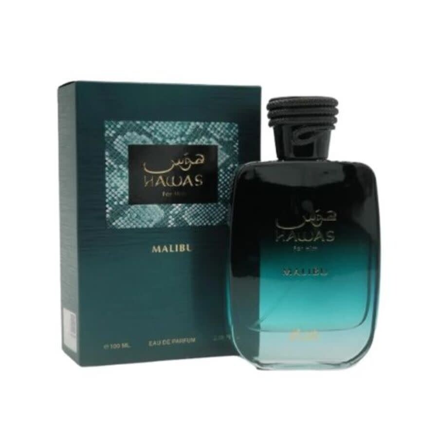 Hawas Malibu — Rasasi, frasco y caja (fondo blanco original)