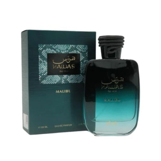 Hawas Malibu — Rasasi, frasco y caja (fondo blanco original)