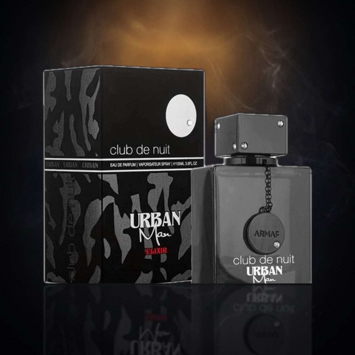Club de Nuit Urban Man Elixir — Armaf, frasco y caja (fondo oscuro)