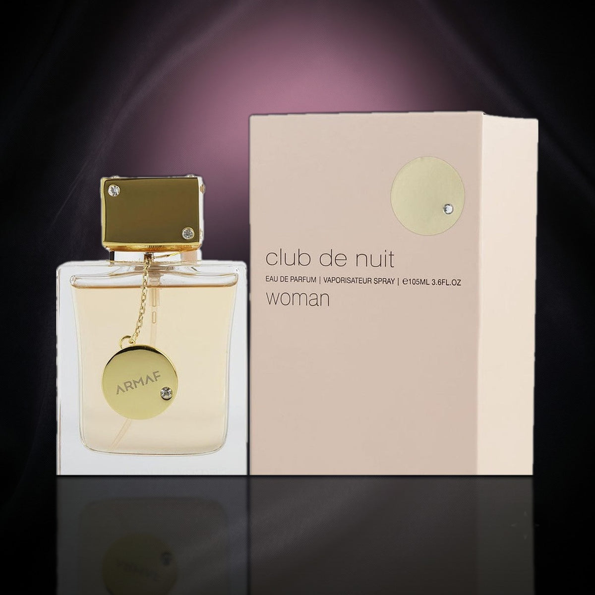 Club de Nuit Woman 105 ml — Armaf, frasco y caja (fondo oscuro)