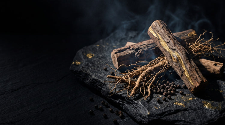 Madera de cedro, raíz de vetiver y pimienta negra sobre piedra oscura