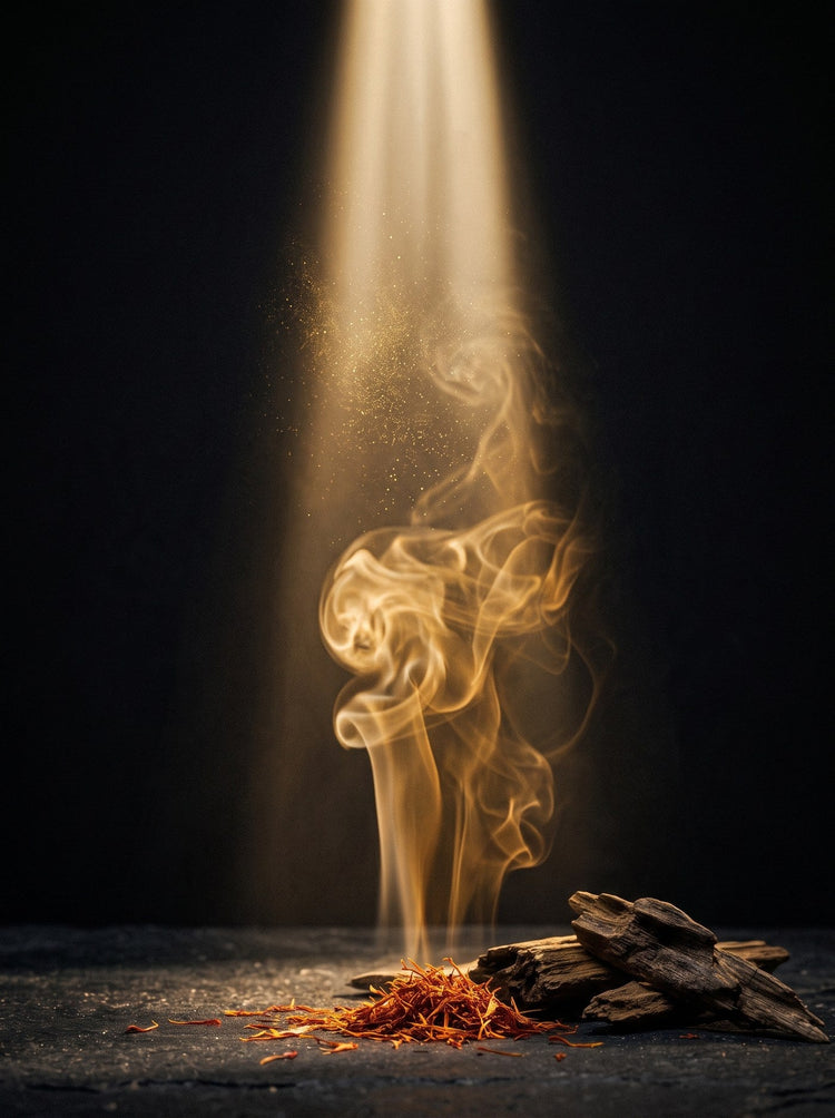 Humo de incienso, azafrán y madera de oud bajo un haz de luz