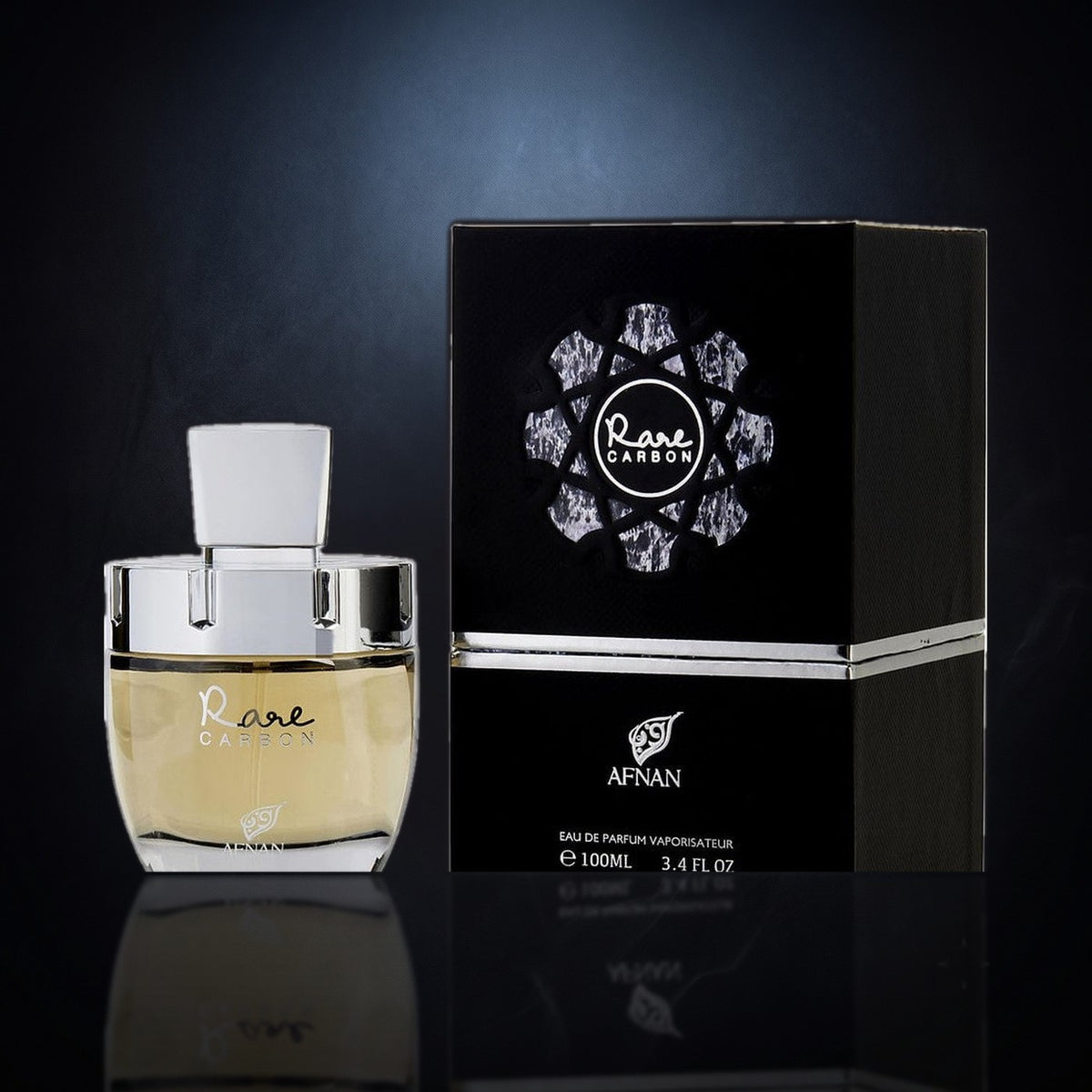 Rare Carbon — Afnan, frasco y caja (fondo oscuro)