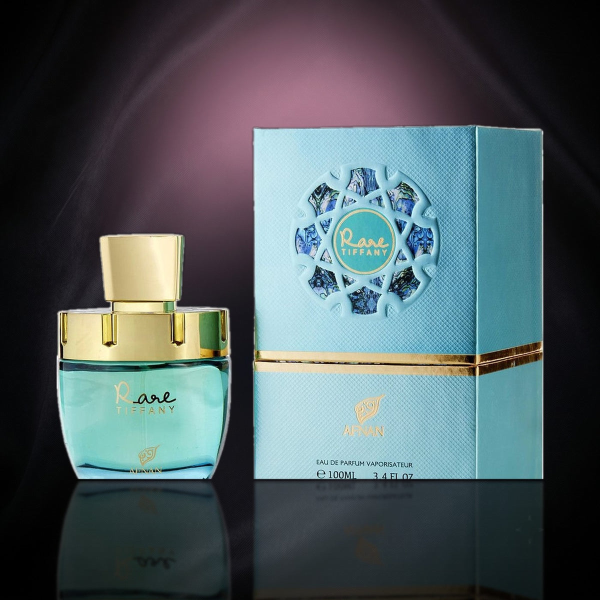Rare Tiffany — Afnan, frasco y caja (fondo oscuro)