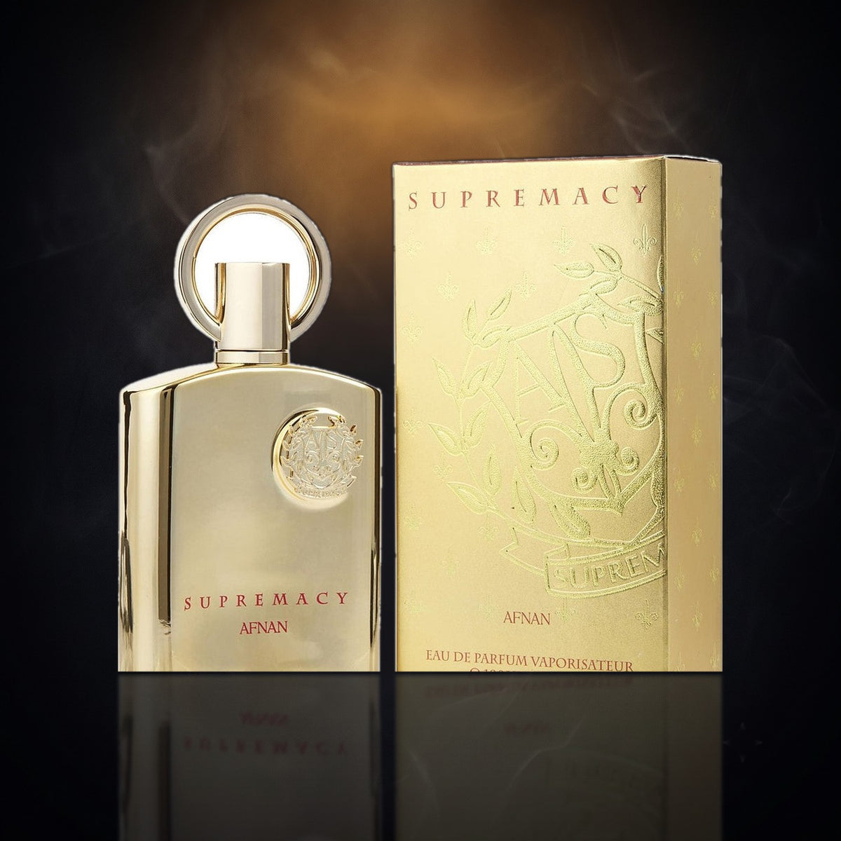 Supremacy Gold — Afnan, frasco y caja (fondo oscuro)