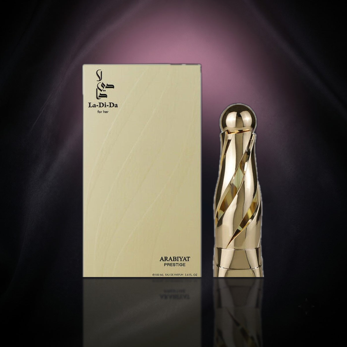 La Di Da — Arabiyat Prestige, frasco y caja (fondo oscuro)