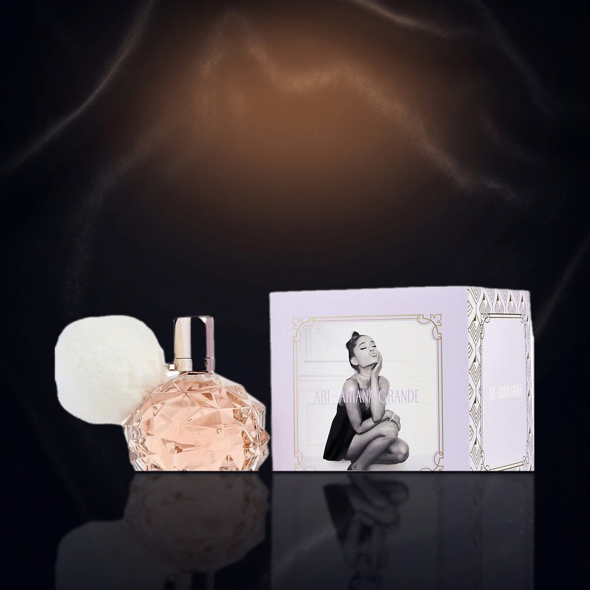 Ari — Ariana Grande, frasco y caja (fondo oscuro)