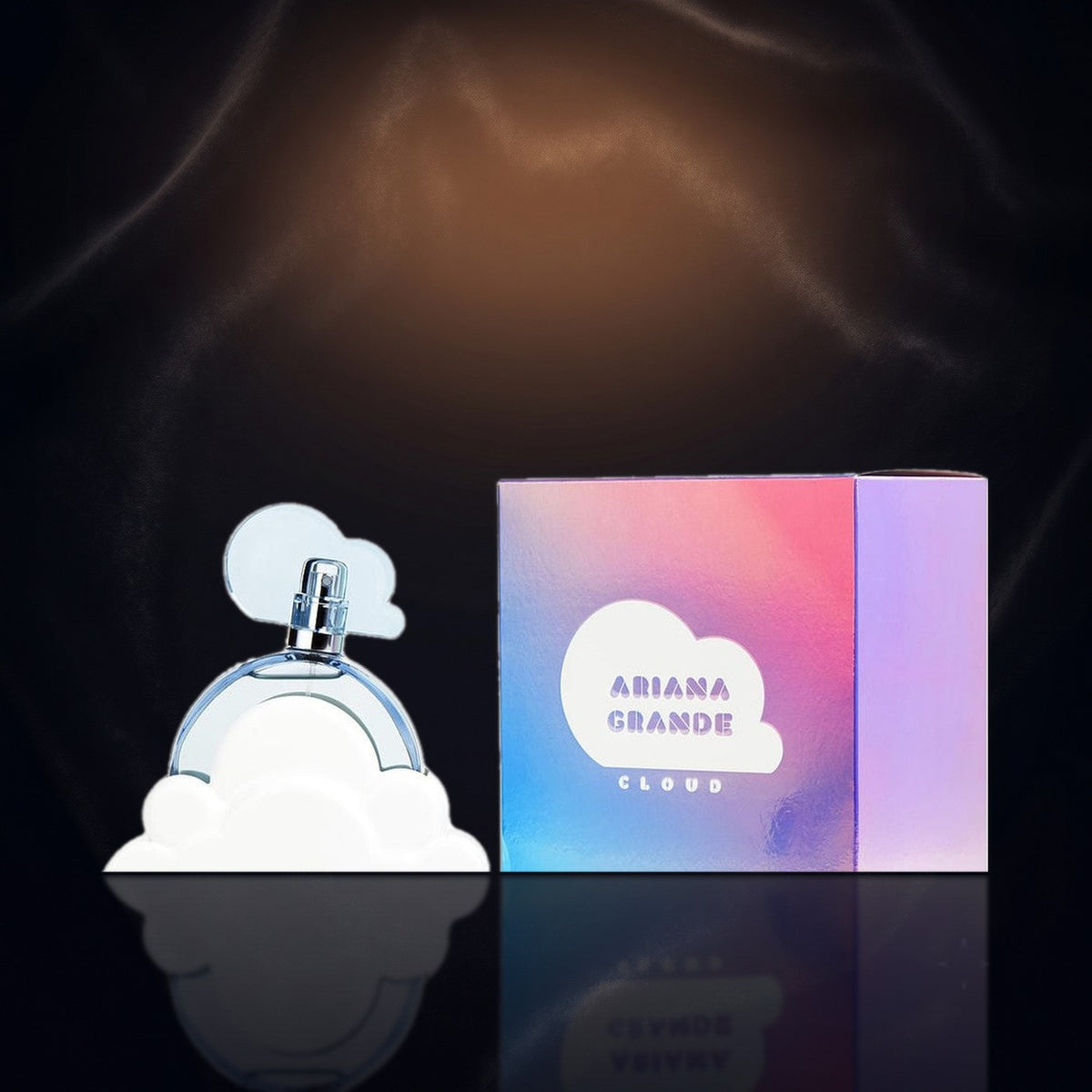 Cloud — Ariana Grande, frasco y caja (fondo oscuro)