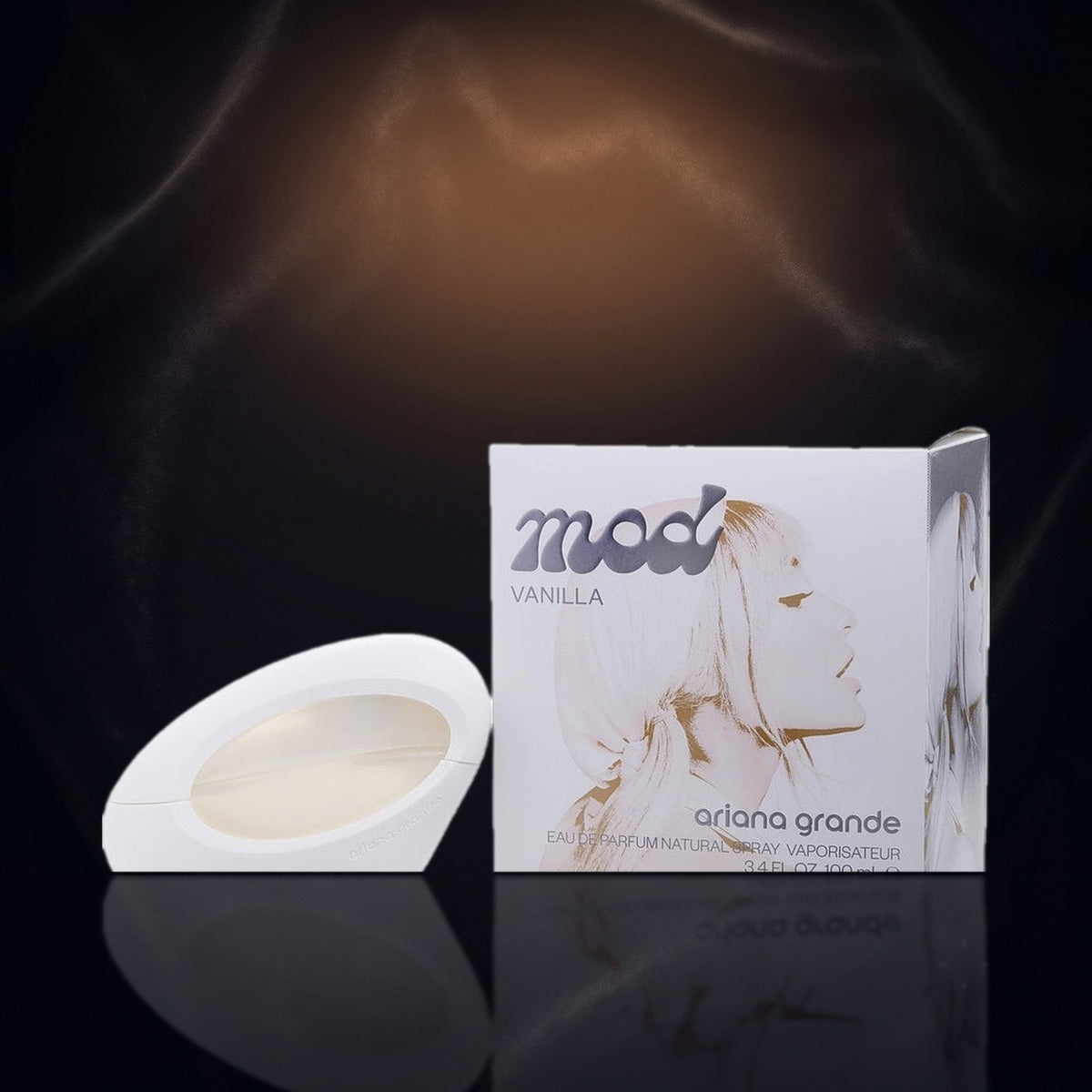 Mod Vanilla — Ariana Grande, frasco y caja (fondo oscuro)