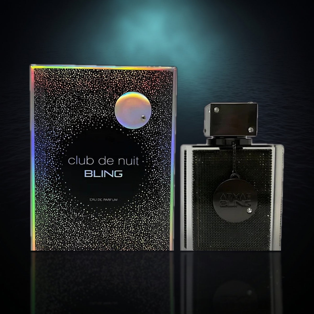 Club de Nuit Bling — Armaf, frasco y caja (fondo oscuro)