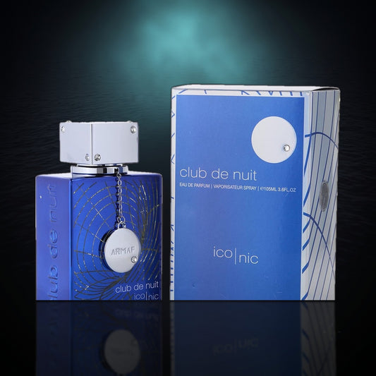 Club de Nuit Iconic — Armaf, frasco y caja (fondo oscuro)