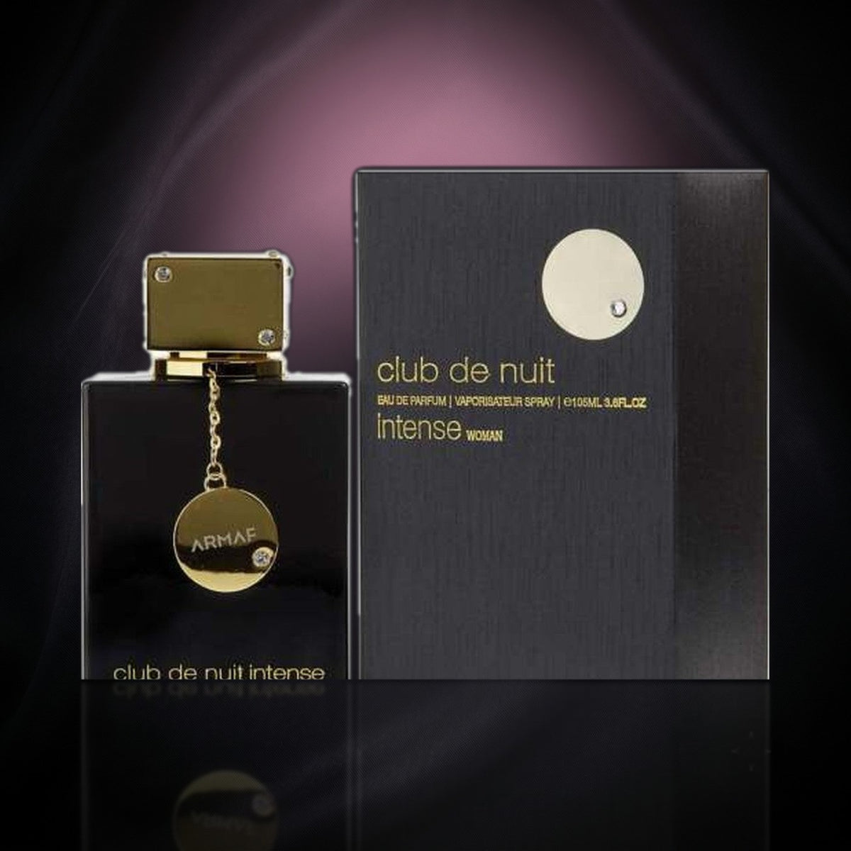 Club de Nuit Intense Woman — Armaf, frasco y caja (fondo oscuro)