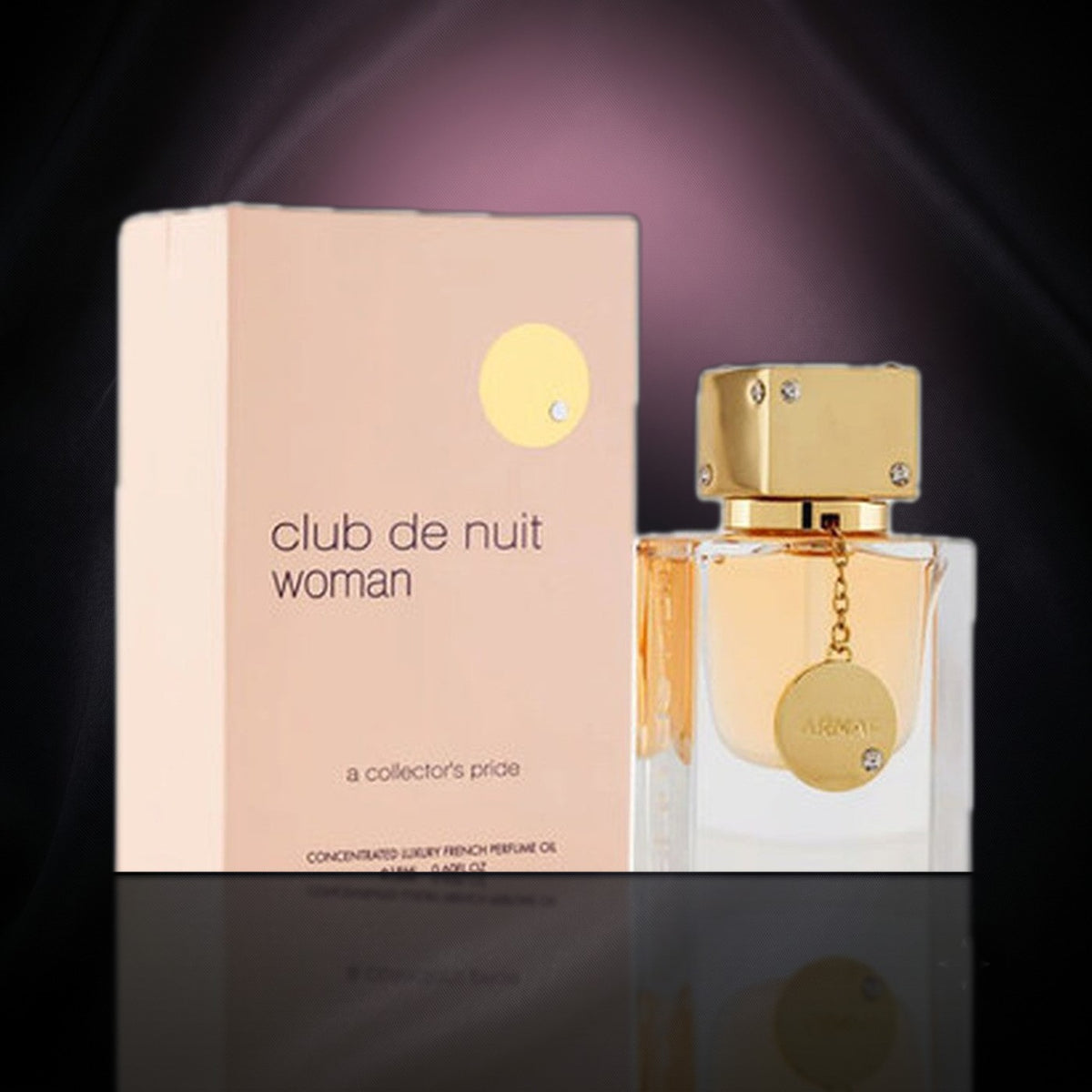 Club de Nuit Woman Extrait 70 ml — Armaf, frasco y caja (fondo oscuro)
