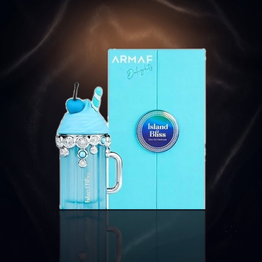 Island Bliss — Armaf, frasco y caja (fondo oscuro)