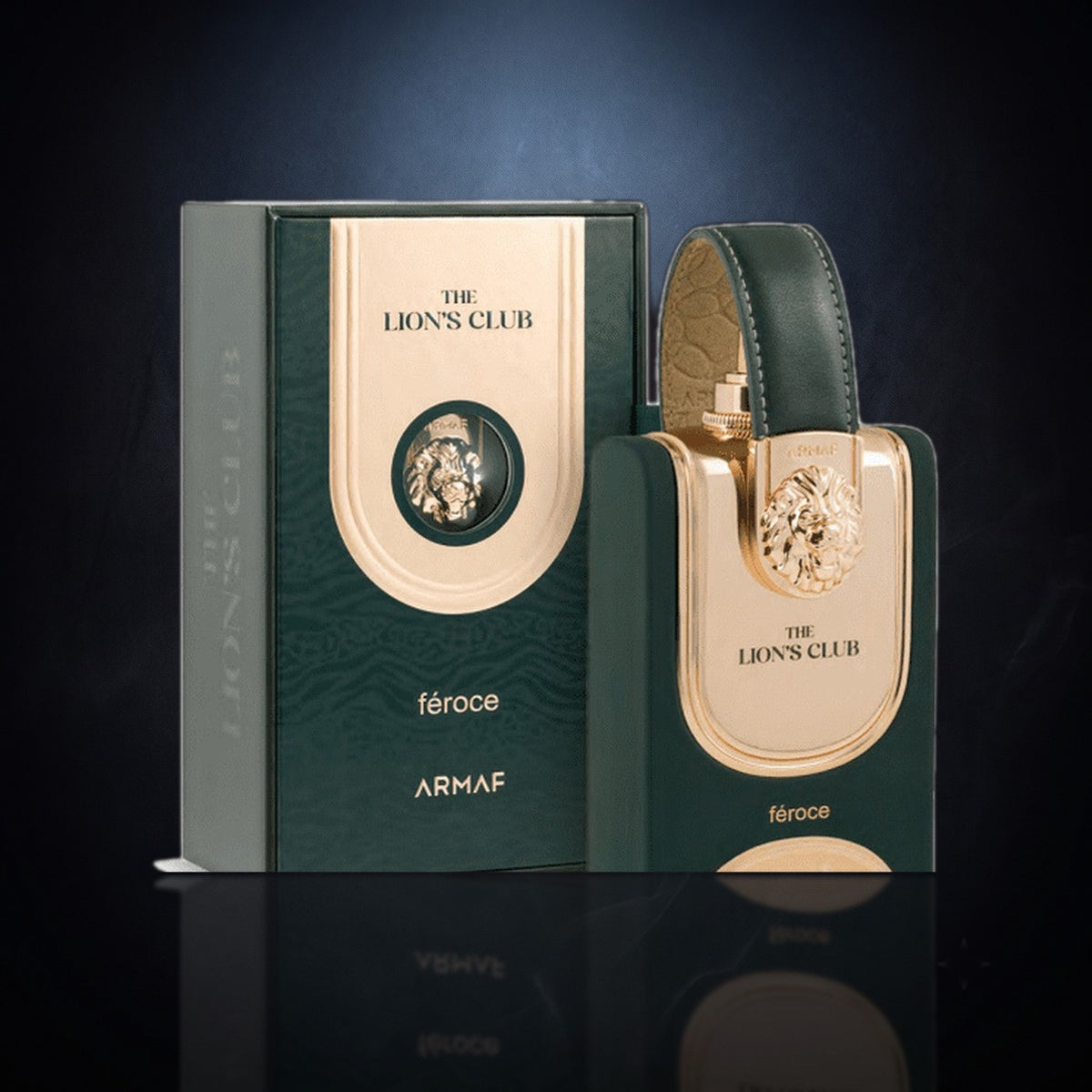 Lions Club Feroce — Armaf, frasco y caja (fondo oscuro)