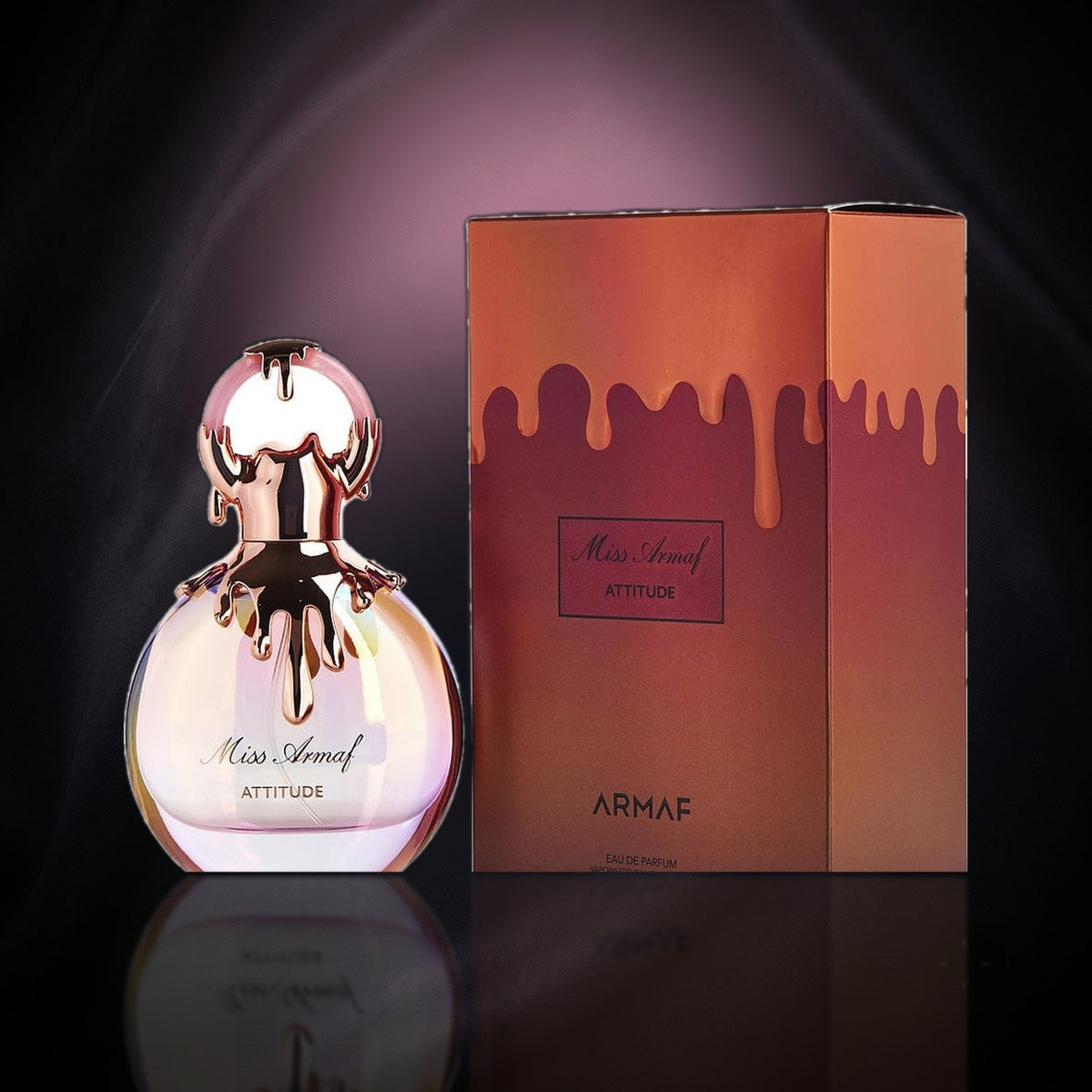 Miss Armaf Attitude — Armaf, frasco y caja (fondo oscuro)