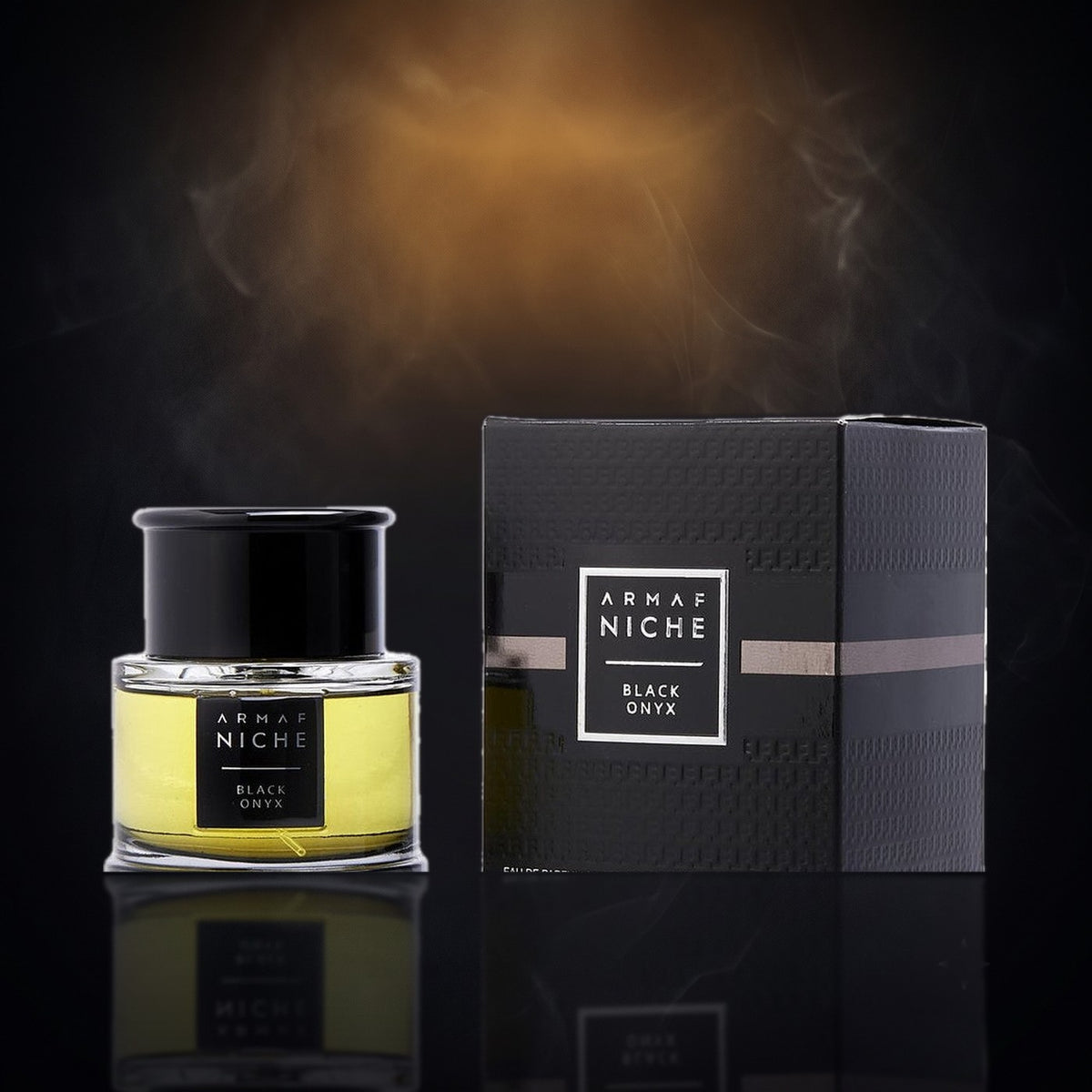 Niche Black Onyx — Armaf, frasco y caja (fondo oscuro)