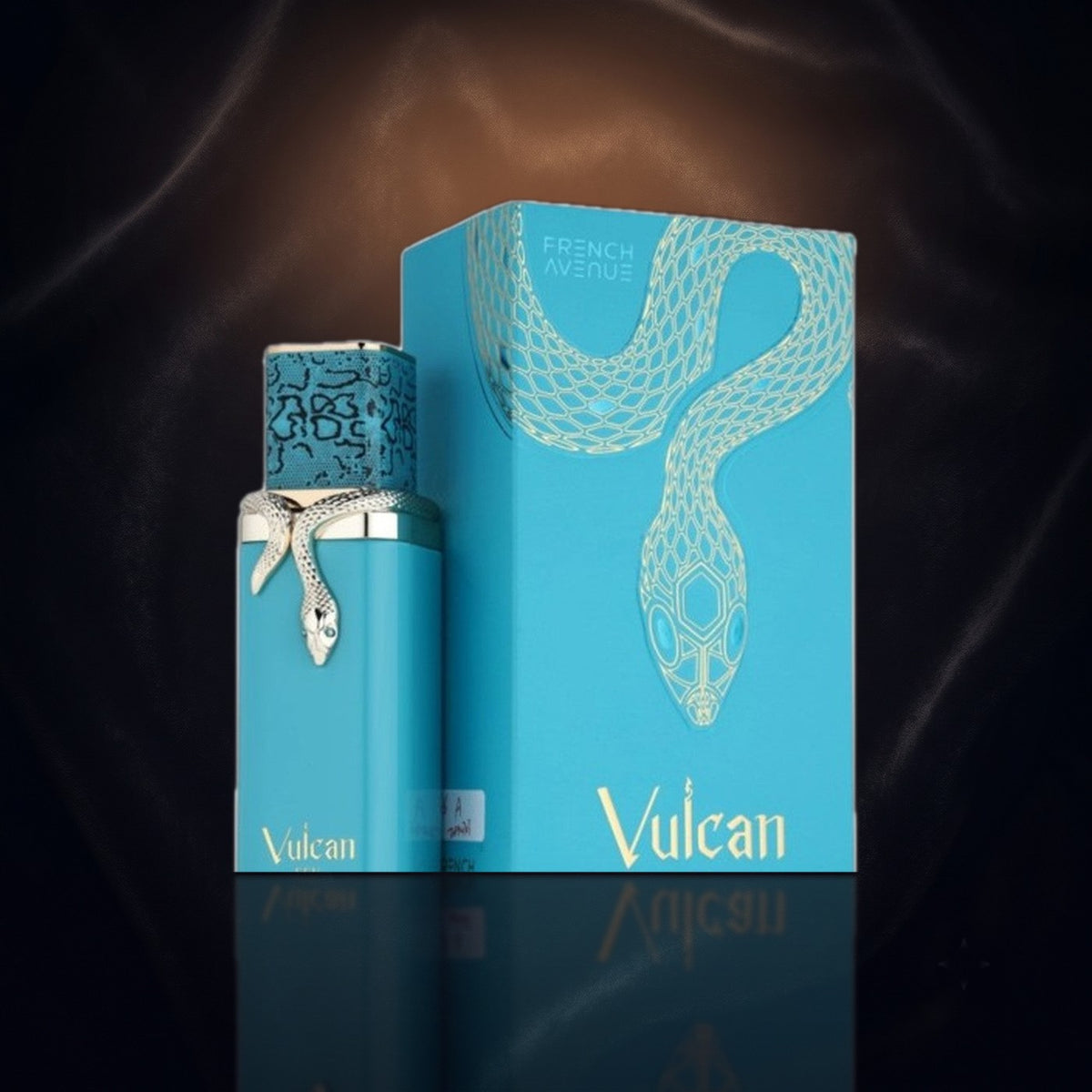 Vulcan Feu — French Avenue, frasco y caja (fondo oscuro)