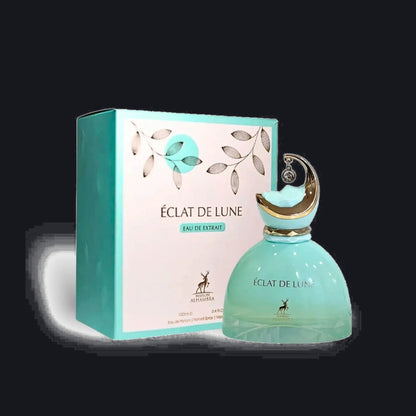 Éclat de Lune — Maison Alhambra, frasco y caja (fondo oscuro)