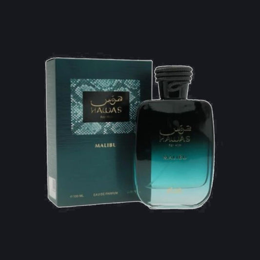 Hawas Malibu — Rasasi, frasco y caja (fondo oscuro)
