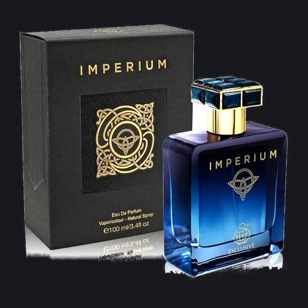 Imperium — Fragrance World, frasco y caja (fondo oscuro)